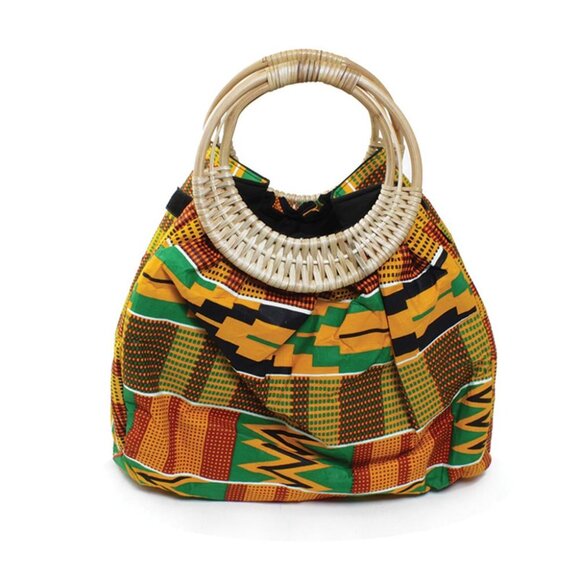 African Traditional Kente Print Wicker Handle Tote Handbag - Picture 1 of 2